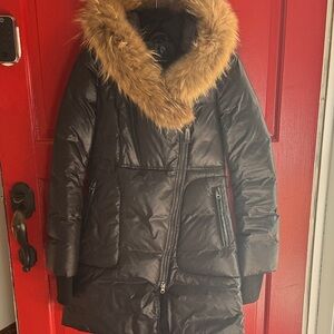 Mackage Black Puffer Coat with Brown Fur Trim